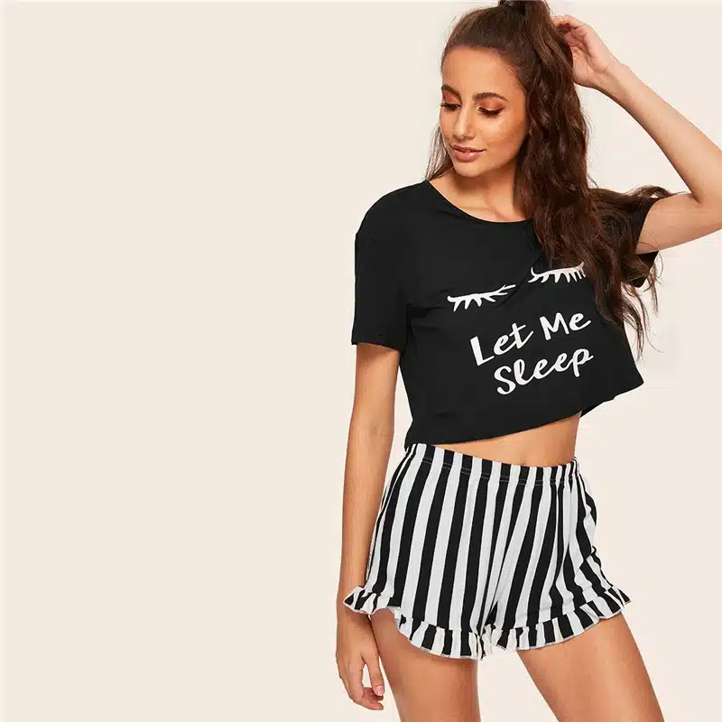 SHEIN Black Graphic Tee & Frilled Striped Shorts PJ Round Neck Short Sleeve Set 2018 Summer Women Patchwork Sleepwear 14