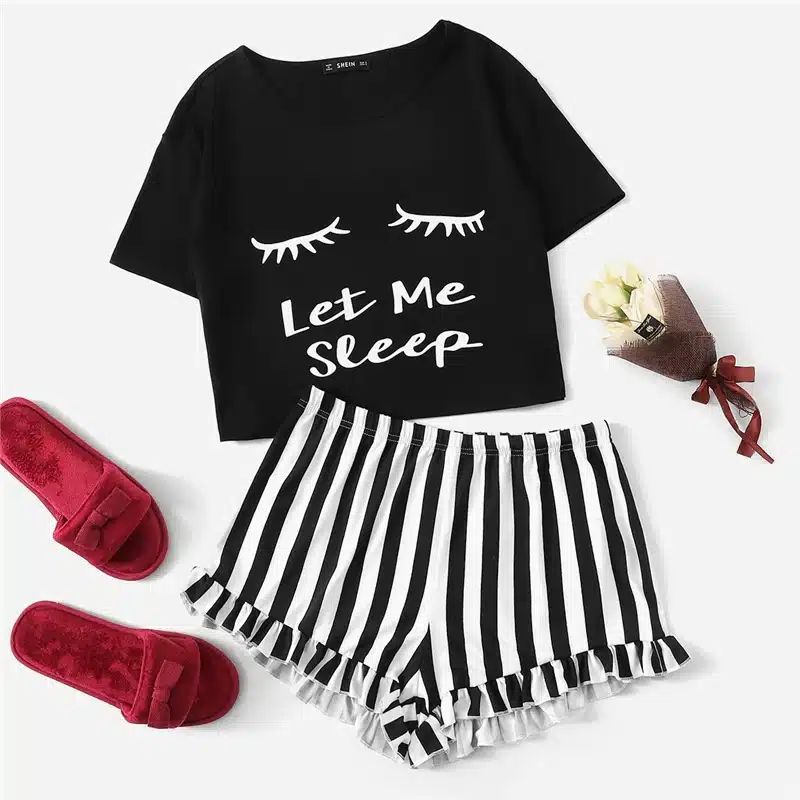 SHEIN Black Graphic Tee & Frilled Striped Shorts PJ Round Neck Short Sleeve Set 2018 Summer Women Patchwork Sleepwear 15