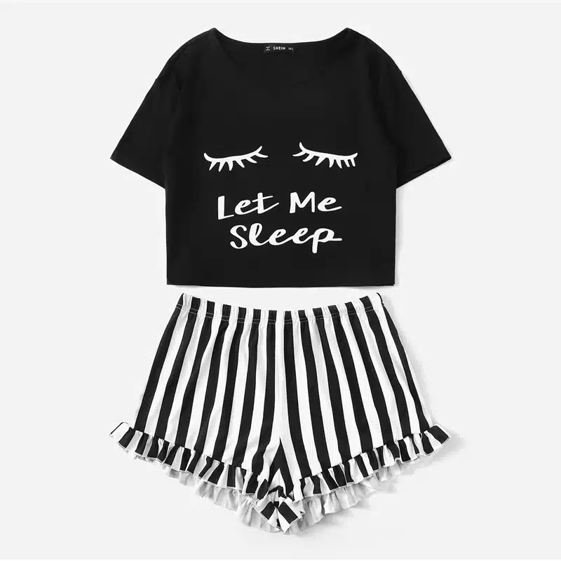 SHEIN Black Graphic Tee & Frilled Striped Shorts PJ Round Neck Short Sleeve Set 2018 Summer Women Patchwork Sleepwear 17