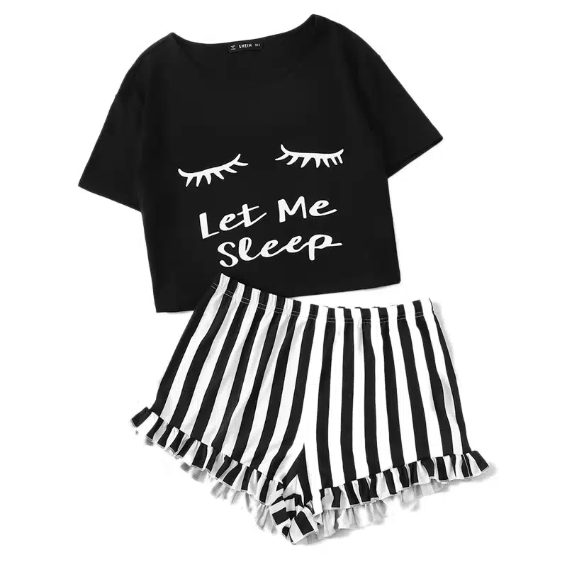 SHEIN Black Graphic Tee & Frilled Striped Shorts PJ Round Neck Short Sleeve Set 2018 Summer Women Patchwork Sleepwear 20