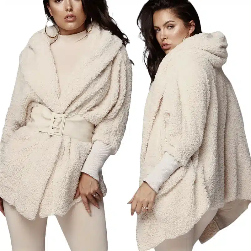 Adogirl Women Fleece Plush Casual Two Piece Set Long Sleeve Hooded Cardigan Coat Autumn Winter Outwear + Shorts Fashion Outfits 13