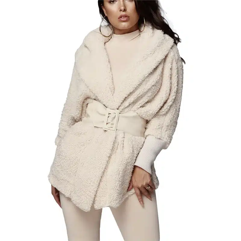 Adogirl Women Fleece Plush Casual Two Piece Set Long Sleeve Hooded Cardigan Coat Autumn Winter Outwear + Shorts Fashion Outfits 14