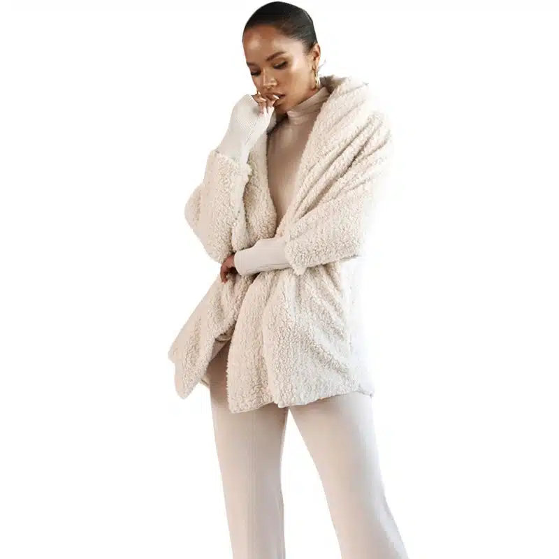 Adogirl Women Fleece Plush Casual Two Piece Set Long Sleeve Hooded Cardigan Coat Autumn Winter Outwear + Shorts Fashion Outfits 17