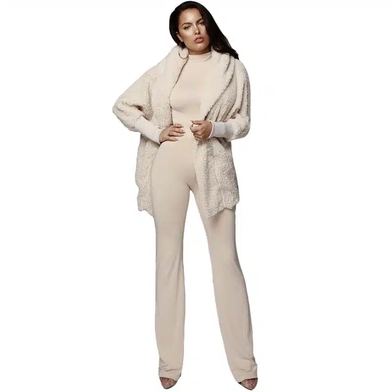 Adogirl Women Fleece Plush Casual Two Piece Set Long Sleeve Hooded Cardigan Coat Autumn Winter Outwear + Shorts Fashion Outfits 18