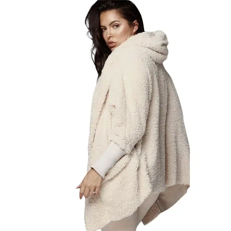 Adogirl Women Fleece Plush Casual Two Piece Set Long Sleeve Hooded Cardigan Coat Autumn Winter Outwear + Shorts Fashion Outfits 21