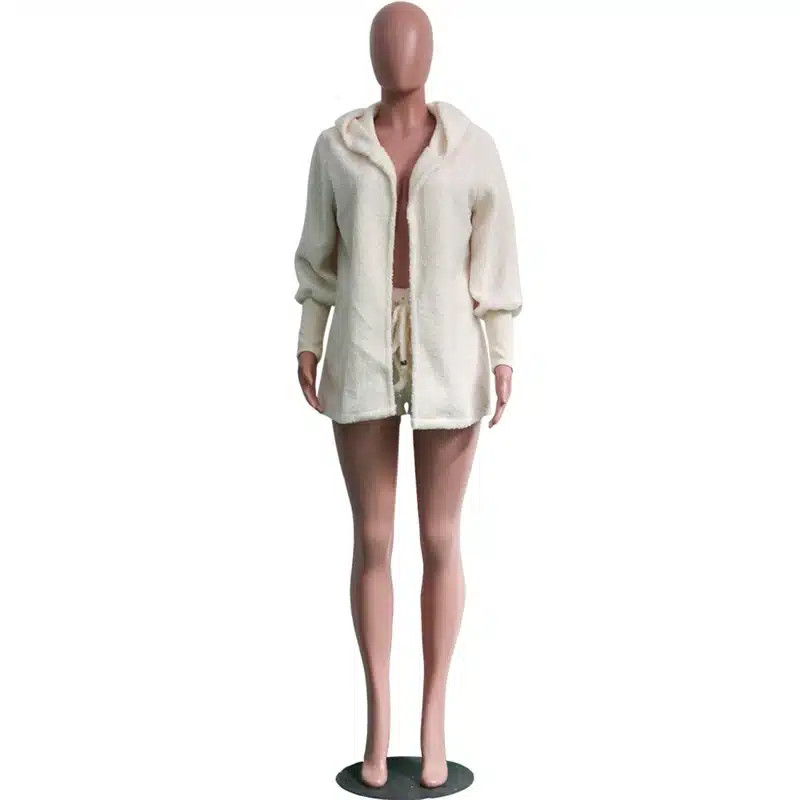 Adogirl Women Fleece Plush Casual Two Piece Set Long Sleeve Hooded Cardigan Coat Autumn Winter Outwear + Shorts Fashion Outfits 23