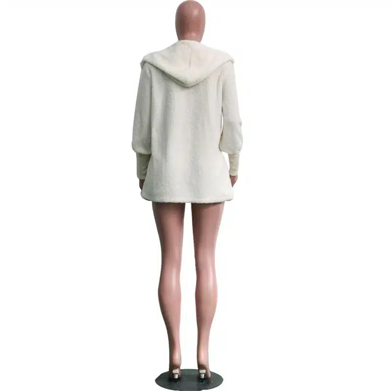 Adogirl Women Fleece Plush Casual Two Piece Set Long Sleeve Hooded Cardigan Coat Autumn Winter Outwear + Shorts Fashion Outfits 24