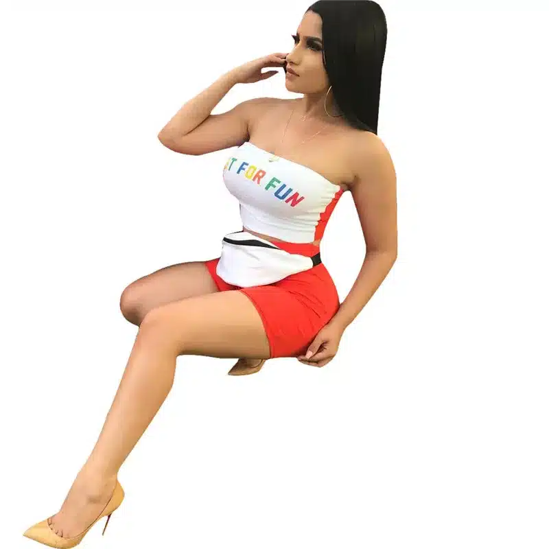 Letters Print Two Pieces Set Sexy Off Shoulder Wrap Chest Elastic Wasit Skinny Mini Tight Shorts Suit 2 Piece Outfits For Women 19