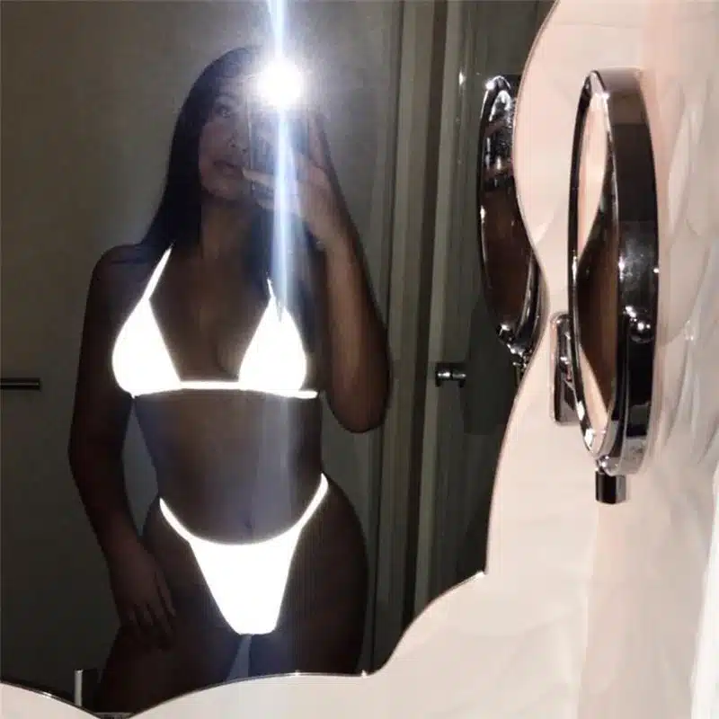 BOOFEENAA Silver Reflective Set Sexy Two Piece Set Halter Crop Top and Thong Shorts Beach Club Outfits 2pc Matching Sets C87AZ02 20