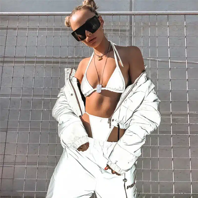 BOOFEENAA Silver Reflective Set Sexy Two Piece Set Halter Crop Top and Thong Shorts Beach Club Outfits 2pc Matching Sets C87AZ02 32