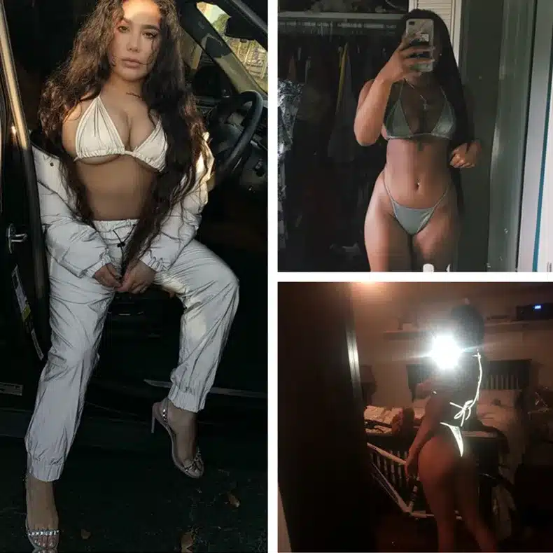 BOOFEENAA Silver Reflective Set Sexy Two Piece Set Halter Crop Top and Thong Shorts Beach Club Outfits 2pc Matching Sets C87AZ02 43