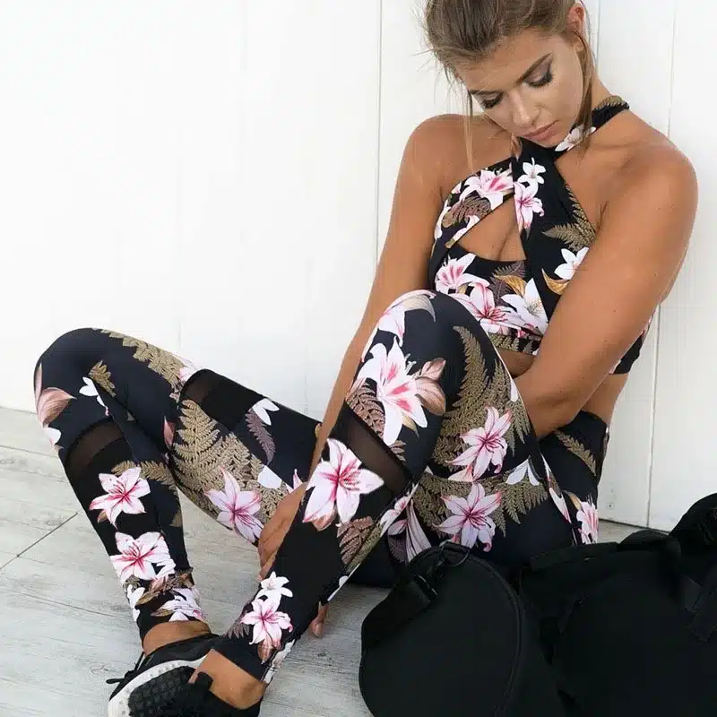 Women 2 Piece Yoga Set Gym Fitness Clothes Floral Print Bra+Long Pants Running Tights Jogging Workout Yoga Leggings Sport suit 11
