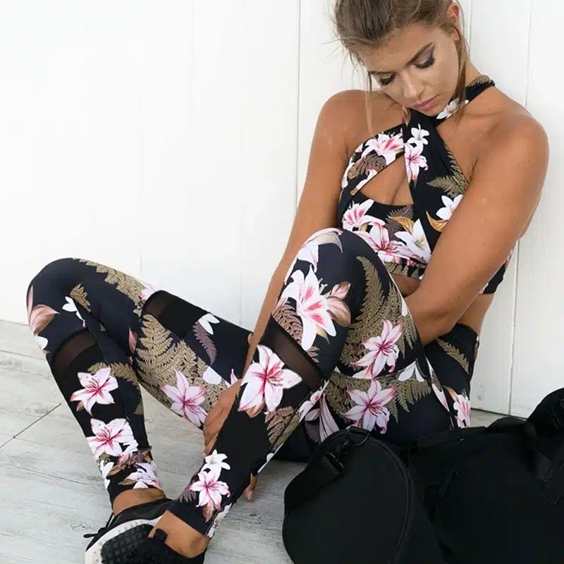 Women 2 Piece Yoga Set Gym Fitness Clothes Floral Print Bra+Long Pants Running Tights Jogging Workout Yoga Leggings Sport suit 12