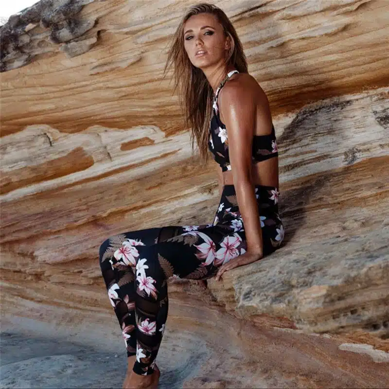Women 2 Piece Yoga Set Gym Fitness Clothes Floral Print Bra+Long Pants Running Tights Jogging Workout Yoga Leggings Sport suit 15