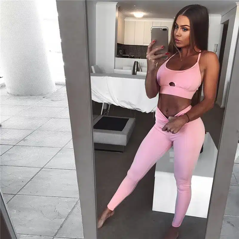 Hot Sale Pink Hollow Women Yoga Sets Gym Elastic Running Sport Suit Fitness Clothing Workout Sport Wear Sports Bra+Pant 17