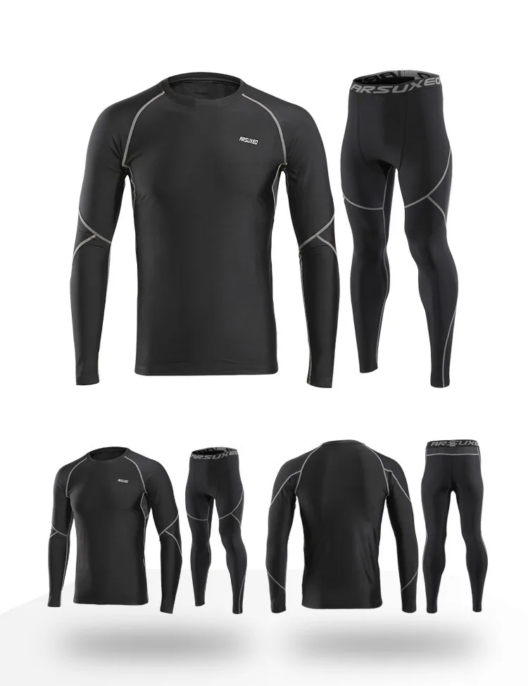 Arsuxeo Winter Thermal Fleece Men's Sport Suits Gym Fitness Leggings Compression Running Sets Warm Sport Suit Sportswear Set 17