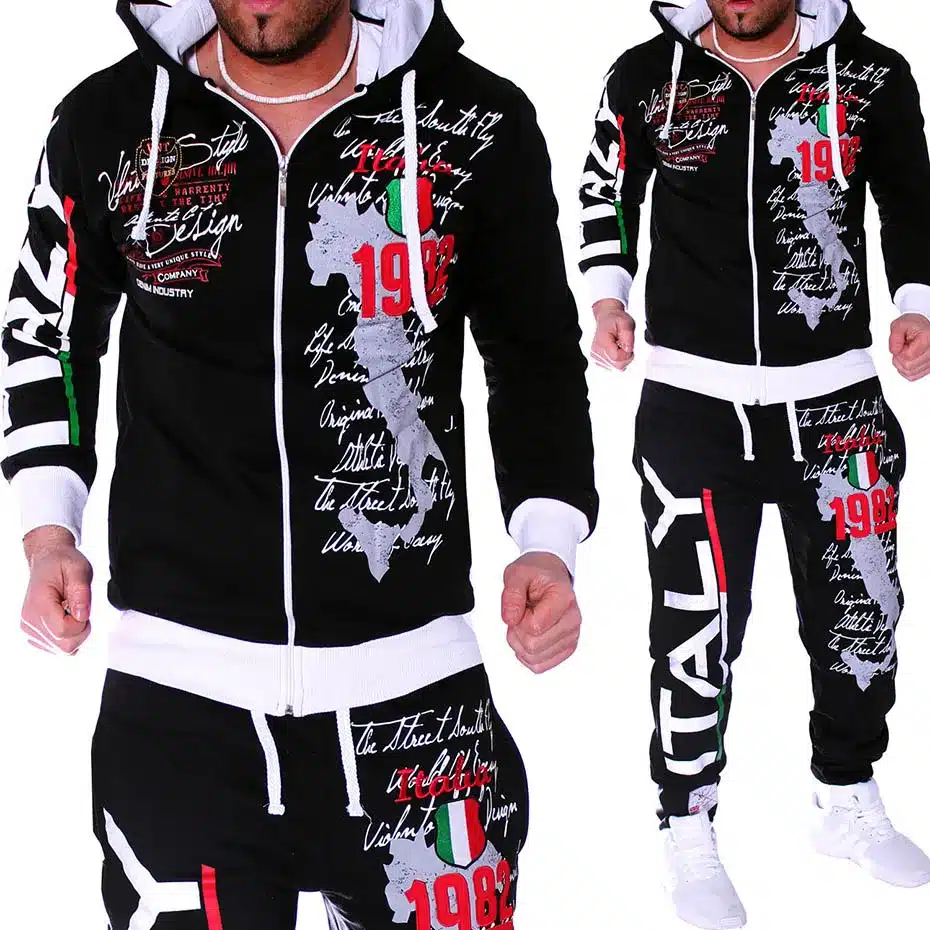 2019 New Men Sport Suit Mens Track Suit Casual 2 Piece Set Fashion Color Block Hooded Sportswear Sweatsuit For Male Survetement 7