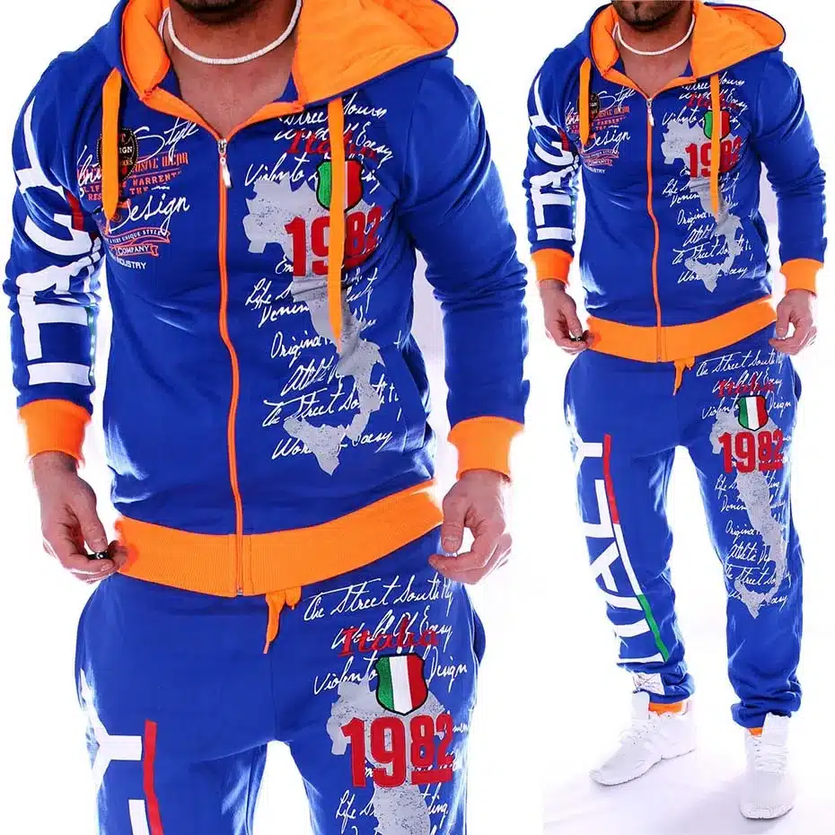 2019 New Men Sport Suit Mens Track Suit Casual 2 Piece Set Fashion Color Block Hooded Sportswear Sweatsuit For Male Survetement 9