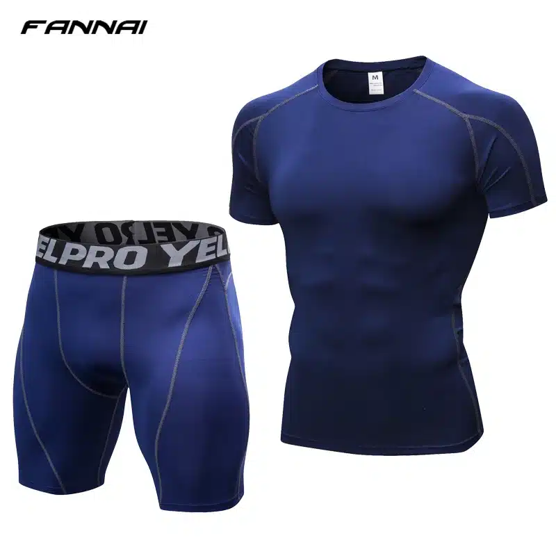 Compression Short Sleeve Tops + Shorts Tracksuit Fitness Tight Running Set T-shirt Leggings Men's Sportswear Gym Sport Suit 14