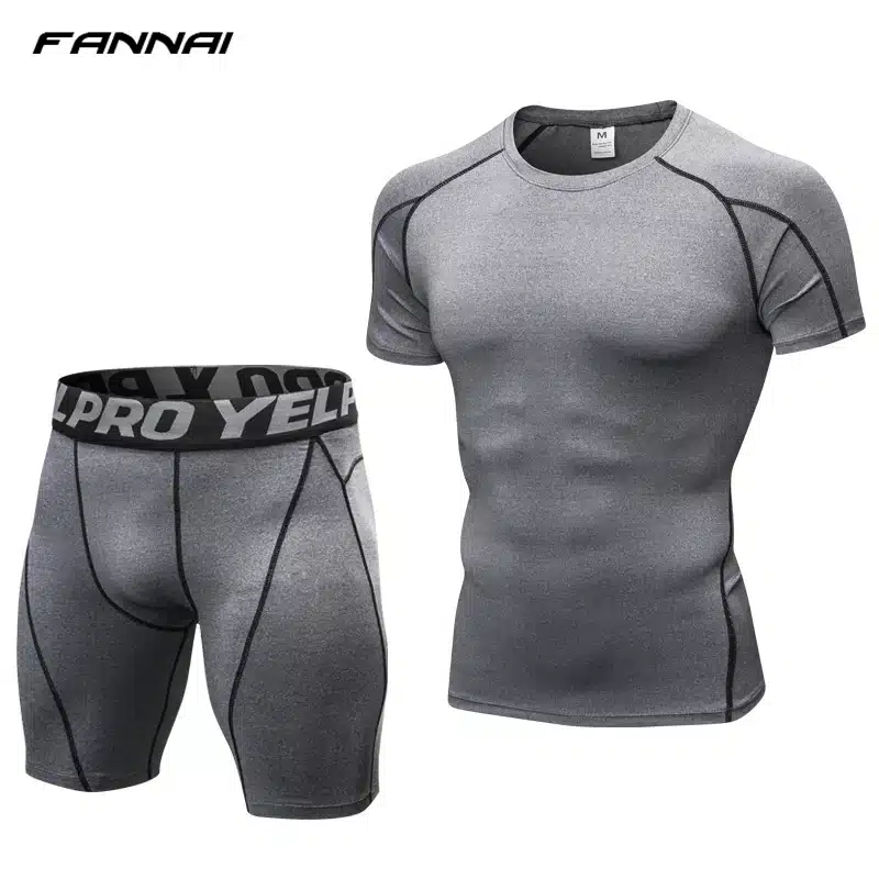 Compression Short Sleeve Tops + Shorts Tracksuit Fitness Tight Running Set T-shirt Leggings Men's Sportswear Gym Sport Suit 16