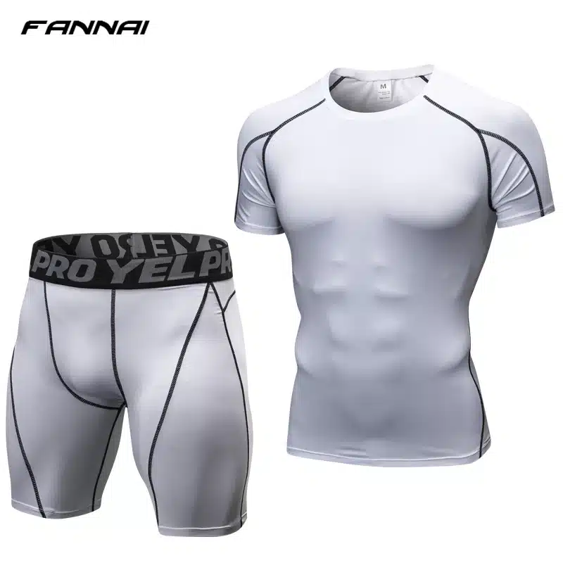 Compression Short Sleeve Tops + Shorts Tracksuit Fitness Tight Running Set T-shirt Leggings Men's Sportswear Gym Sport Suit 17