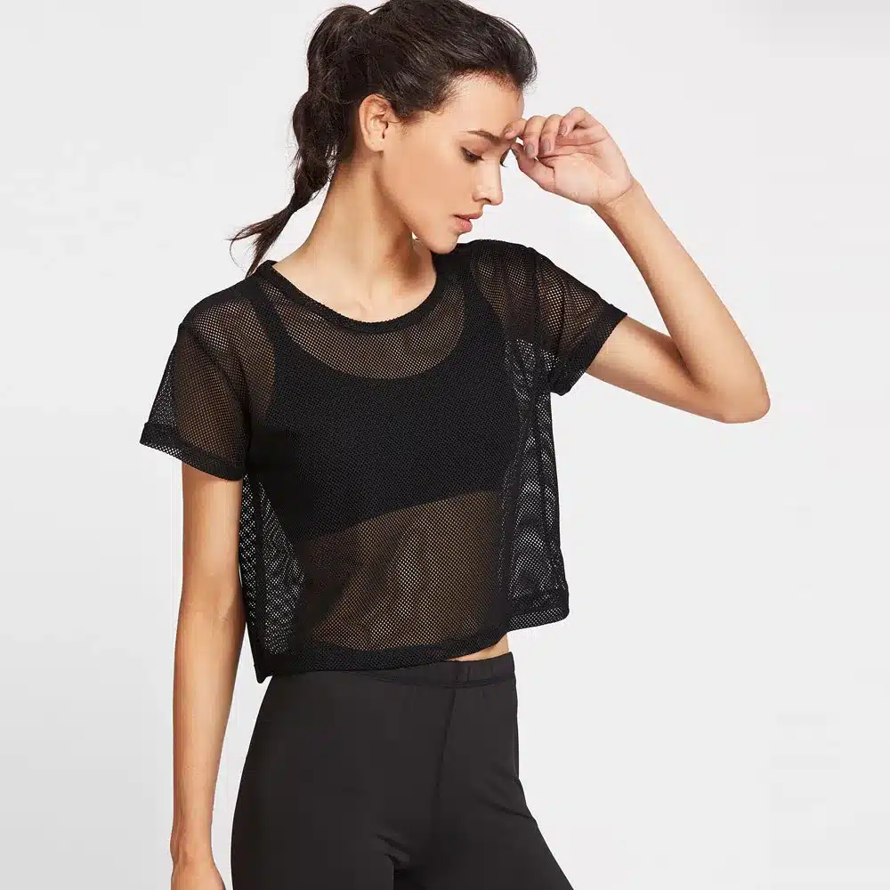 Women Sexy Mesh Yoga Shirt Quick Dry Sport Fitness Female Running Shirt Gym Clothes Tank Top Workout Exercises T-Shirt Sportwear 12