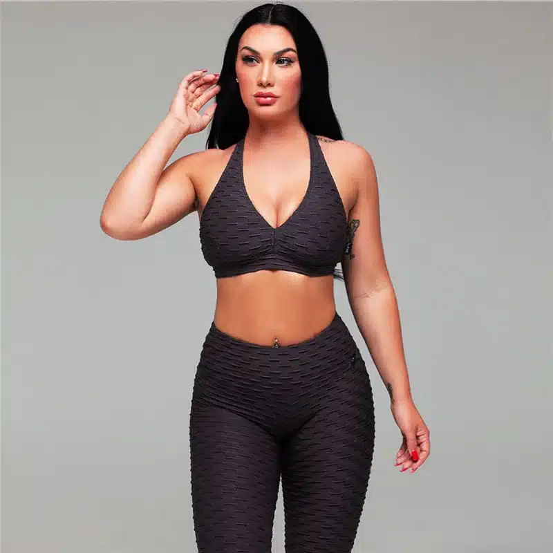 Women's Fitness Suits Crop Tank Workout Deep V Neck Top And Legging Pants 2 Pieces Set 2019 Fashion Ladies Pink Sexy Tracksuit 4