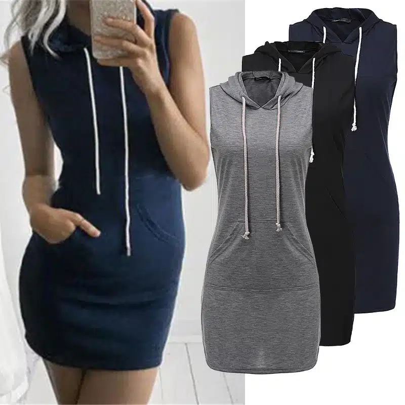 Summer Women Slim Sport Hooded Dress 2019 Pullover Mini Dresses Casual Beach Short Dress With Pockets Bandage Vestidos Plus Size 6