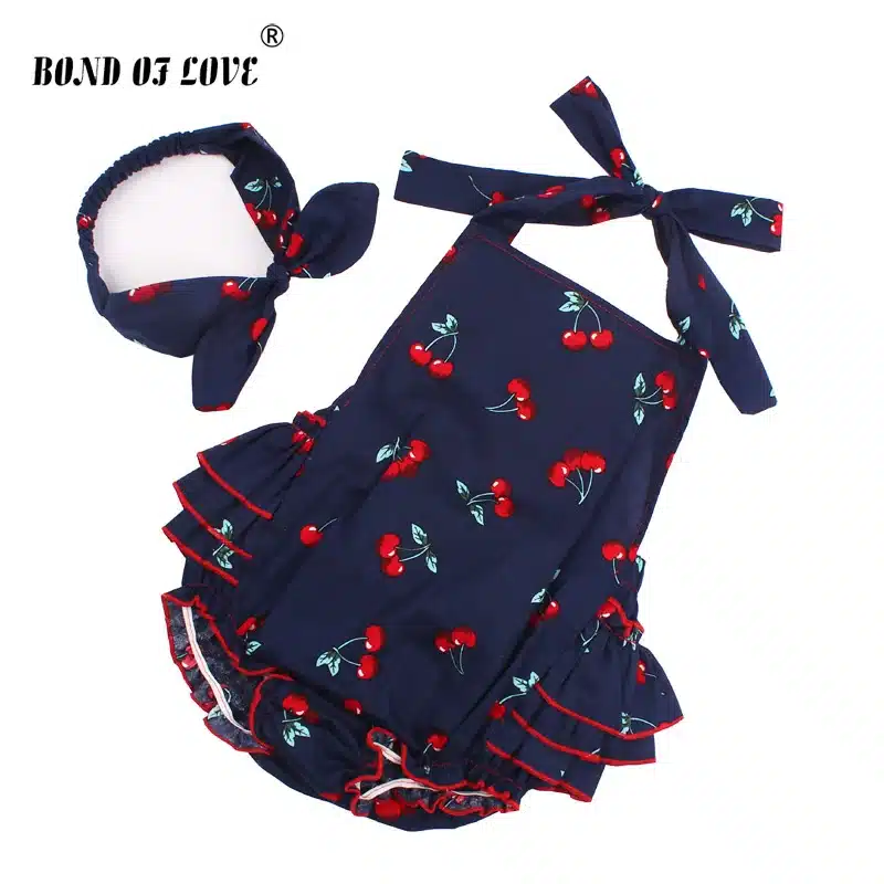 2019 Cotton Baby Girl Rompers Headband Set Sleeveless Toddler Ruffled Cherry pattern Romper Photography Props Clothes YC053 15