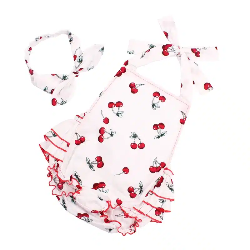 2019 Cotton Baby Girl Rompers Headband Set Sleeveless Toddler Ruffled Cherry pattern Romper Photography Props Clothes YC053 18