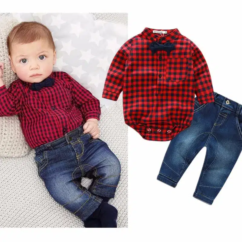 Newborns clothes new red plaid rompers shirts+jeans baby boys clothes bebes clothing set 8