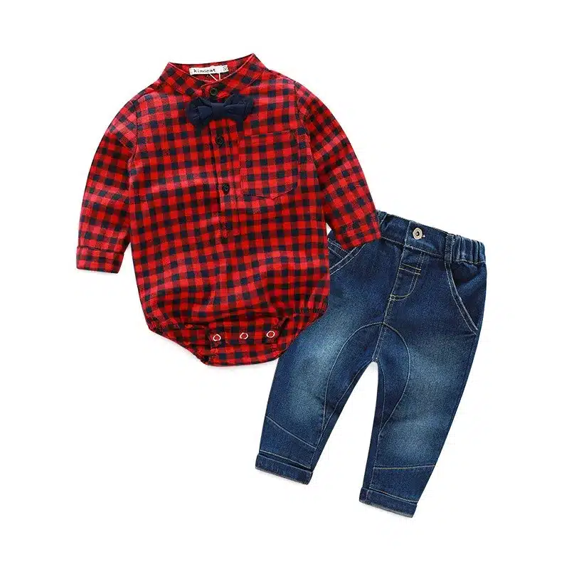 Newborns clothes new red plaid rompers shirts+jeans baby boys clothes bebes clothing set 16