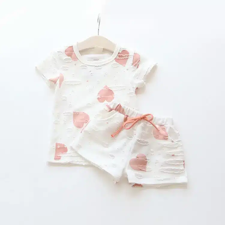 Baby Girls Clothes Sets 2019 Summer Heart Printed Girl Short Sleeve Tops Shirts + Shorts Casual Kids Children's Clothing Suit 14