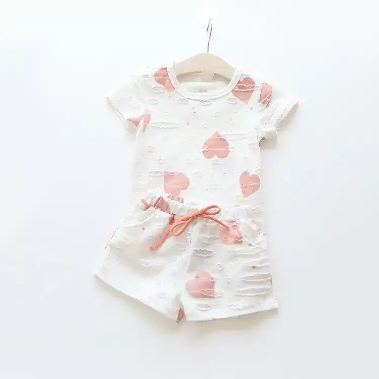 Baby Girls Clothes Sets 2019 Summer Heart Printed Girl Short Sleeve Tops Shirts + Shorts Casual Kids Children's Clothing Suit 15