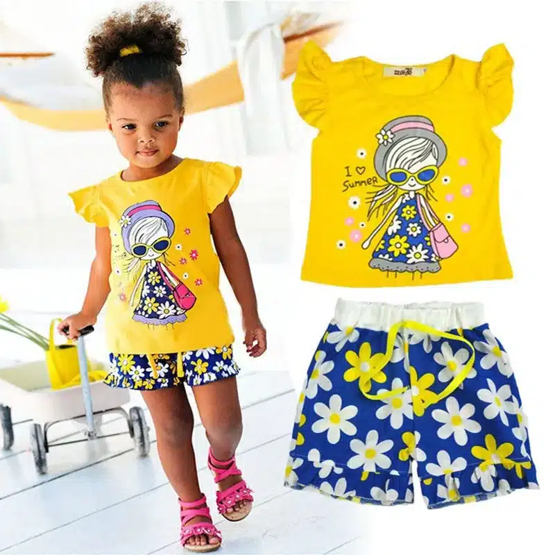 Baby Girls Clothes Sets 2019 Summer Heart Printed Girl Short Sleeve Tops Shirts + Shorts Casual Kids Children's Clothing Suit 37