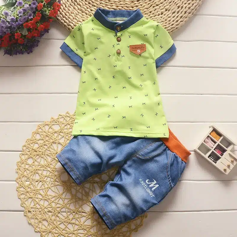 BibiCola baby boys summer clothes newborn children clothing sets for boy short sleeve shirts + jeans cool denim shorts suit 9