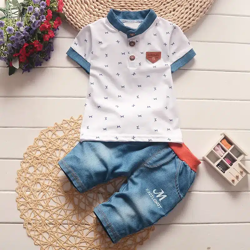 BibiCola baby boys summer clothes newborn children clothing sets for boy short sleeve shirts + jeans cool denim shorts suit 10