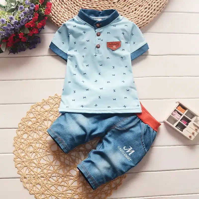 BibiCola baby boys summer clothes newborn children clothing sets for boy short sleeve shirts + jeans cool denim shorts suit 15