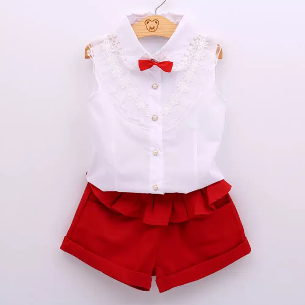 New Free Shipping Girl Lace White Top+ Red Pants Clothing Set 2pcs Set Baby Girl Summer Clothes Baby Girl Clothing 10