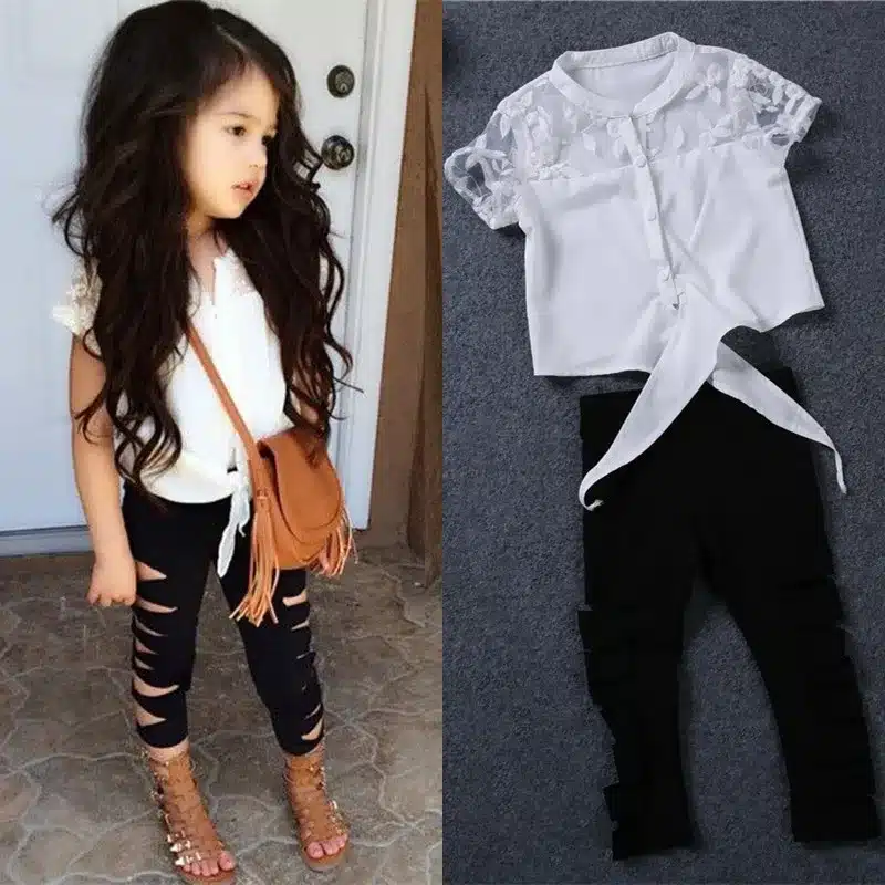 Girls clothes set summer white lace shirt ripped leggings baby girl clothing set fashion brand outfits kids clothes suit holes 8