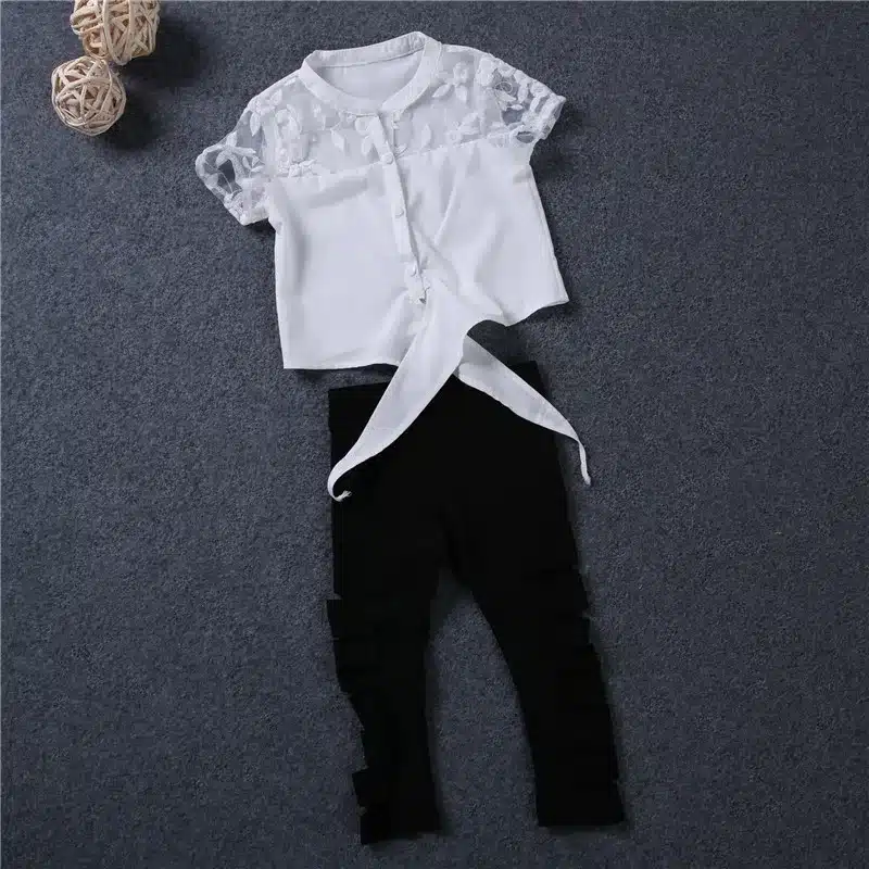 Girls clothes set summer white lace shirt ripped leggings baby girl clothing set fashion brand outfits kids clothes suit holes 9