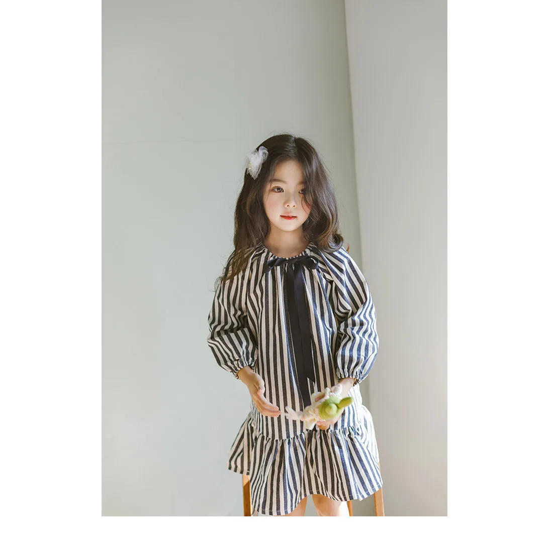 Bow Girls Dress 2019 New Bow Baby Spring Dress Black White Stripe Kid Princess Dress Children Clothes Toddler Cotton Dress,#2265 19