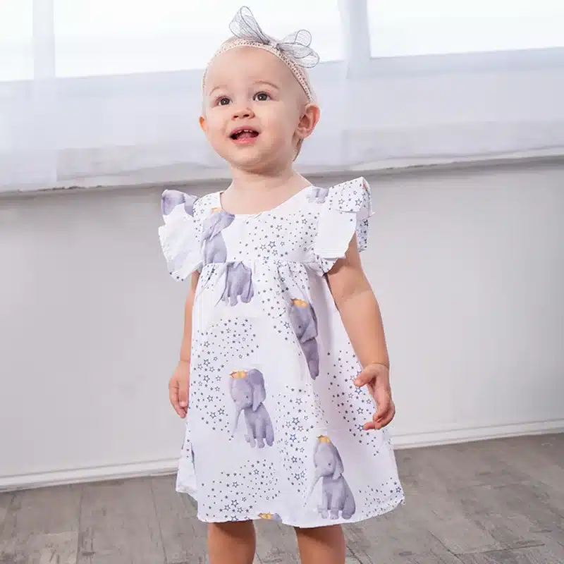 Cute Summer Baby Flutter Sleeve Girls Dresses Casual Girls White Dress Cartoon Elephant Girls Clothes For Kids Fashion Star 5