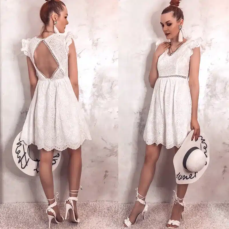 Simplee Sexy white women summer dress 2019 Backless v neck ruffle cotton lace dress Vintage holiday beach short female vestidos 12