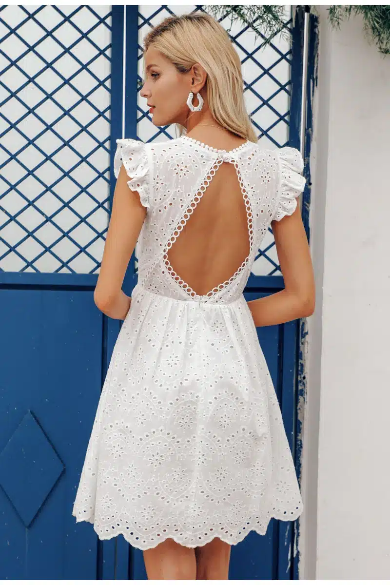 Simplee Sexy white women summer dress 2019 Backless v neck ruffle cotton lace dress Vintage holiday beach short female vestidos 16