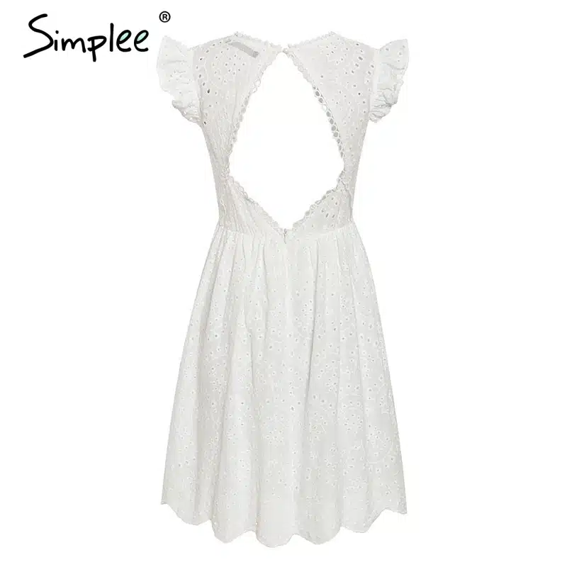 Simplee Sexy white women summer dress 2019 Backless v neck ruffle cotton lace dress Vintage holiday beach short female vestidos 19