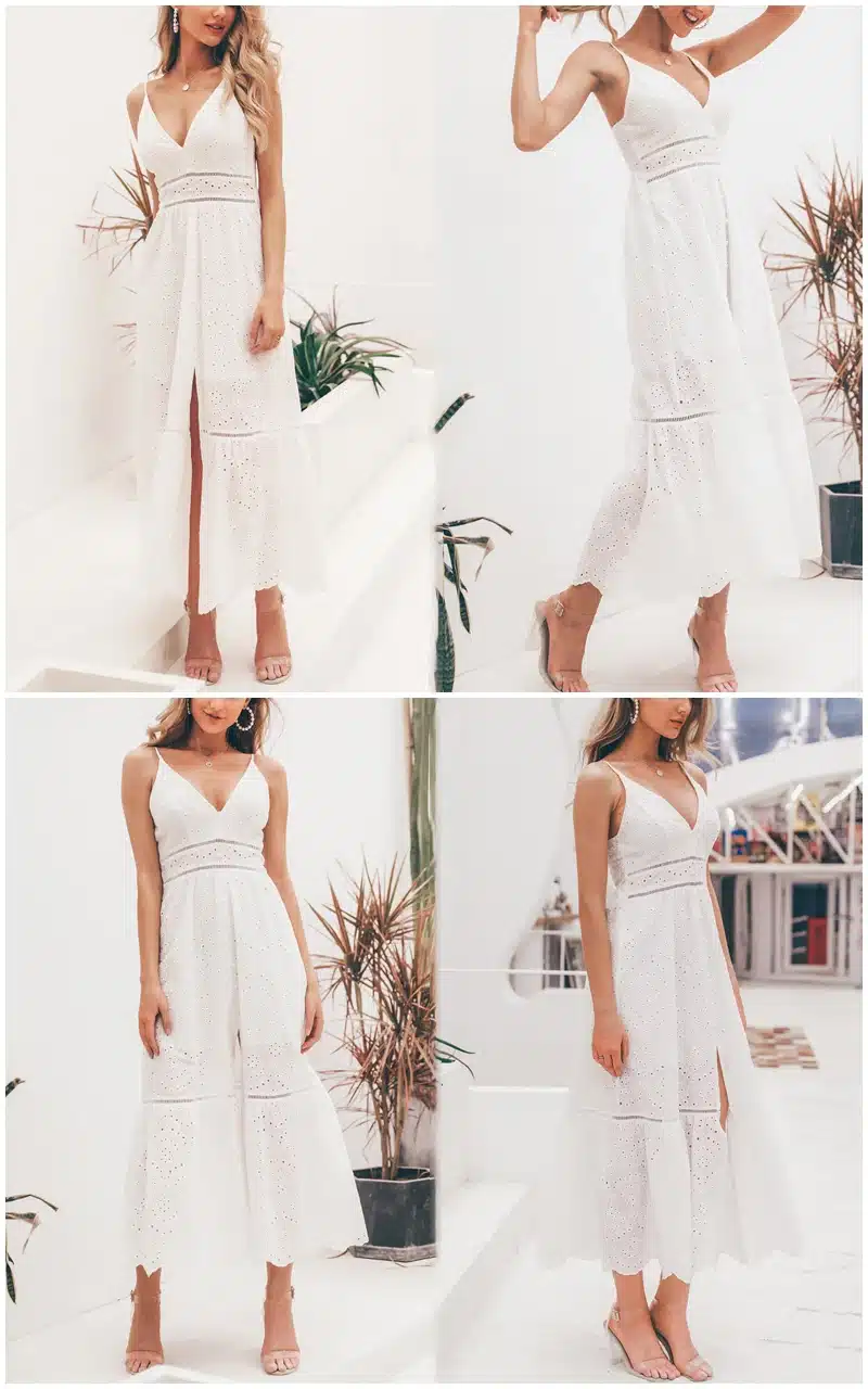 BerryGo White pearls sexy women summer dress 2019 Hollow out embroidery bodycon cotton dress Evening party solid long vestidos 13