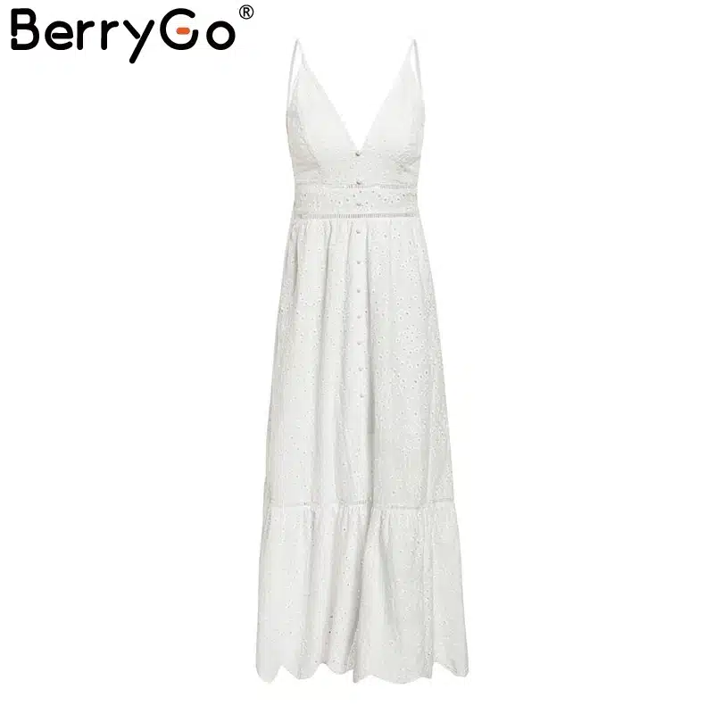 BerryGo White pearls sexy women summer dress 2019 Hollow out embroidery bodycon cotton dress Evening party solid long vestidos 18