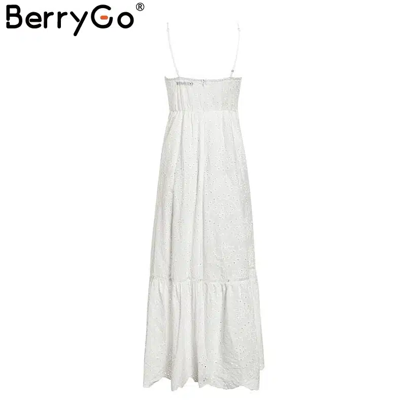 BerryGo White pearls sexy women summer dress 2019 Hollow out embroidery bodycon cotton dress Evening party solid long vestidos 19