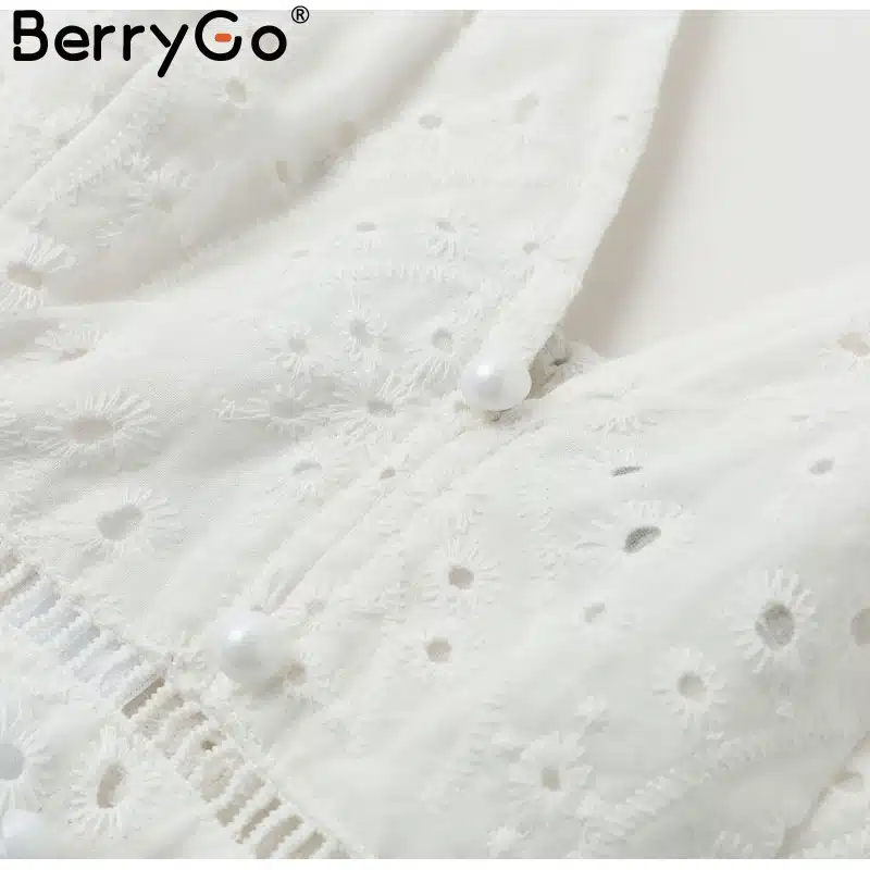 BerryGo White pearls sexy women summer dress 2019 Hollow out embroidery bodycon cotton dress Evening party solid long vestidos 20